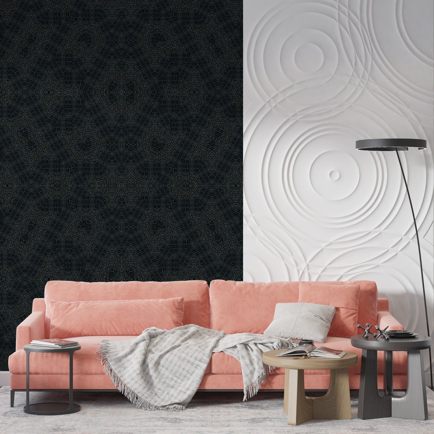 Modern home office featuring black geometric wallpaper with Art Deco elements