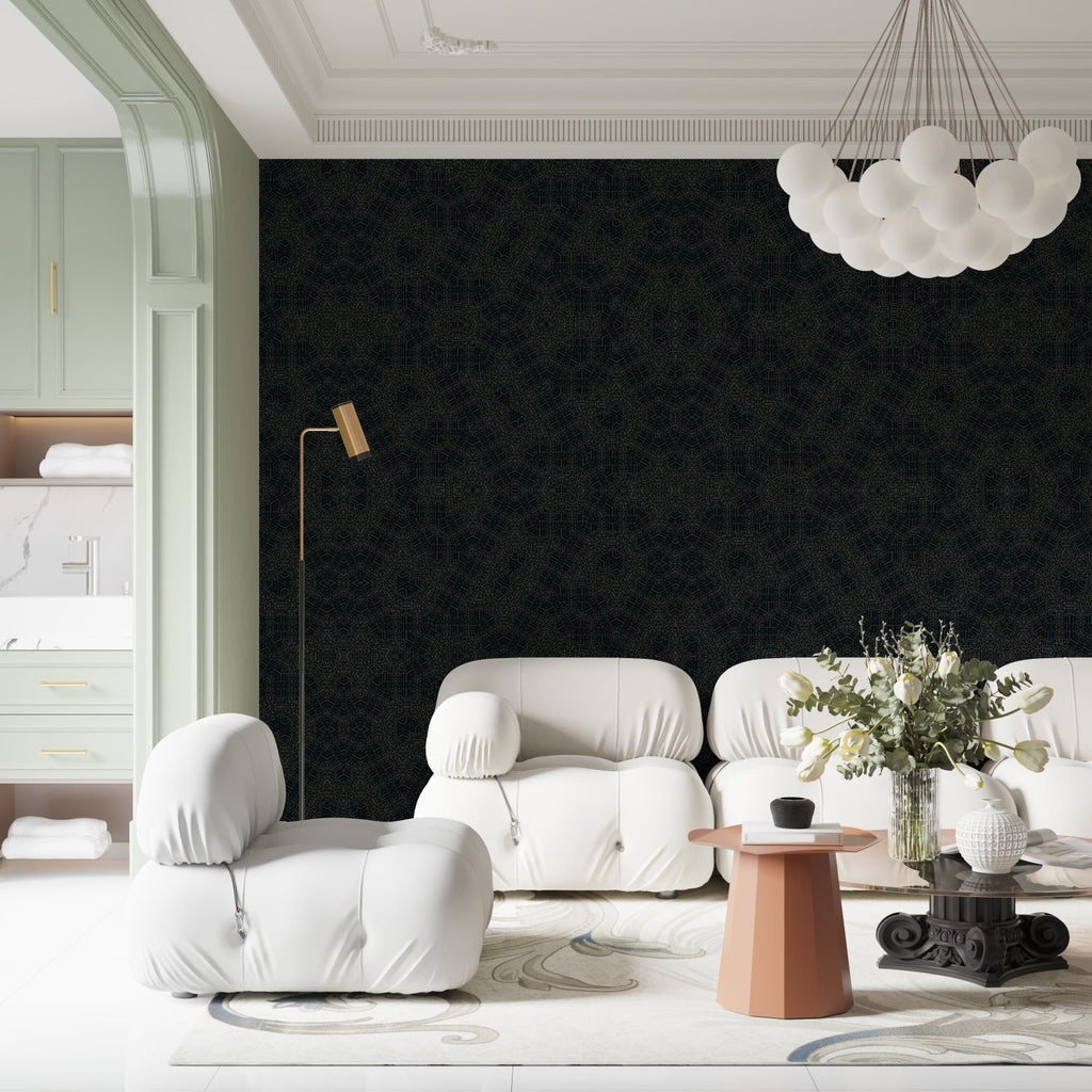 Contemporary living room showcasing geometric black wallpaper pattern
