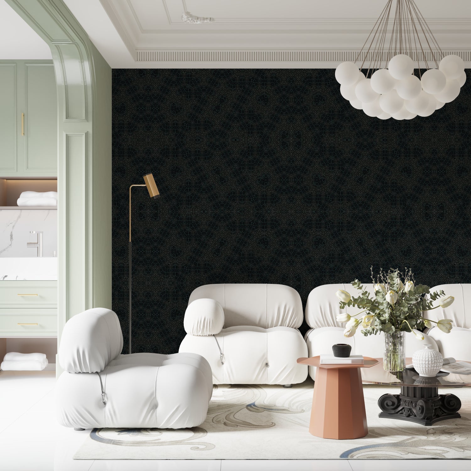 Contemporary living room showcasing geometric black wallpaper pattern