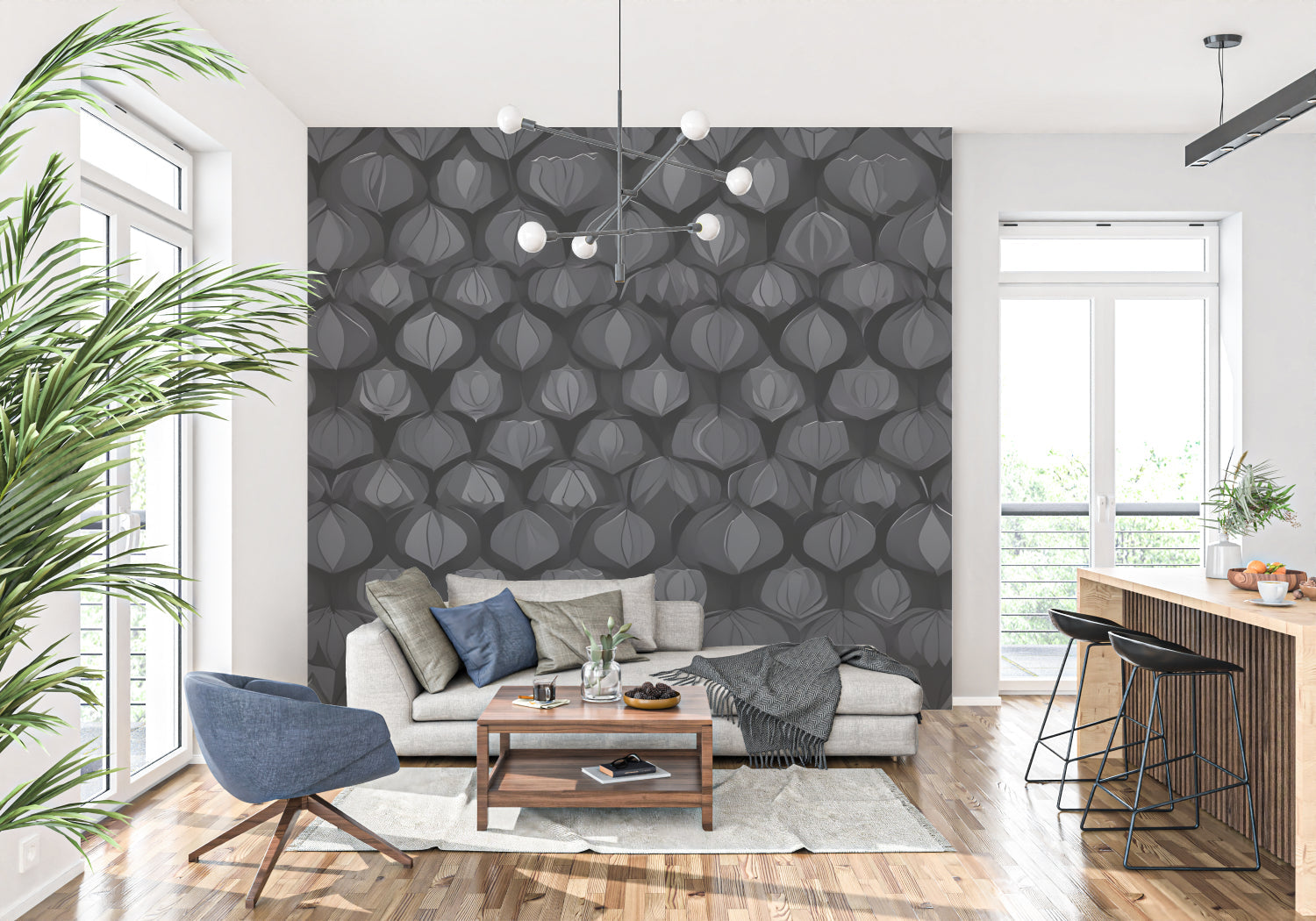 Black geometric Art Deco wallpaper in modern living room with grey sofa and minimalist decor