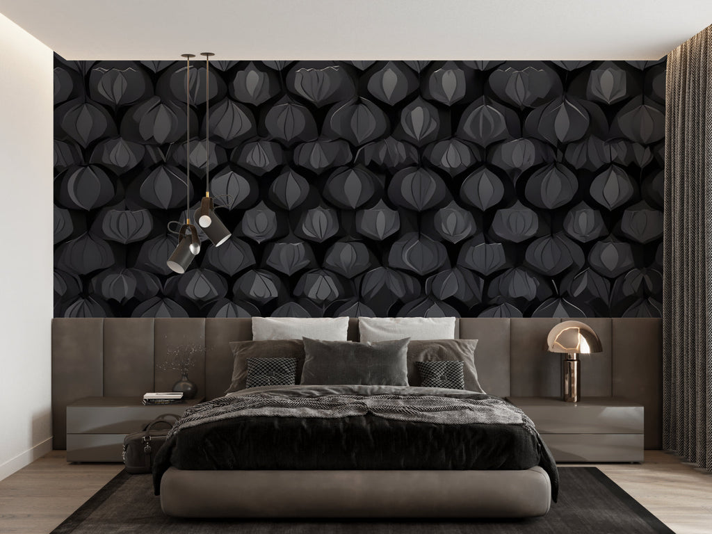 Black Art Deco wallpaper pattern in hotel lobby with modern furniture
