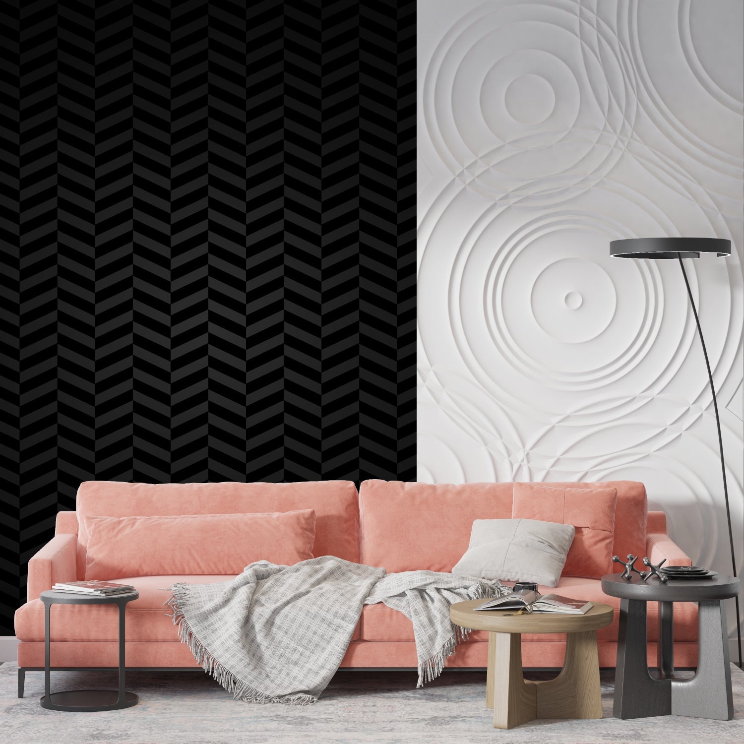 Sophisticated chevron pattern wallpaper in upscale hotel lobby