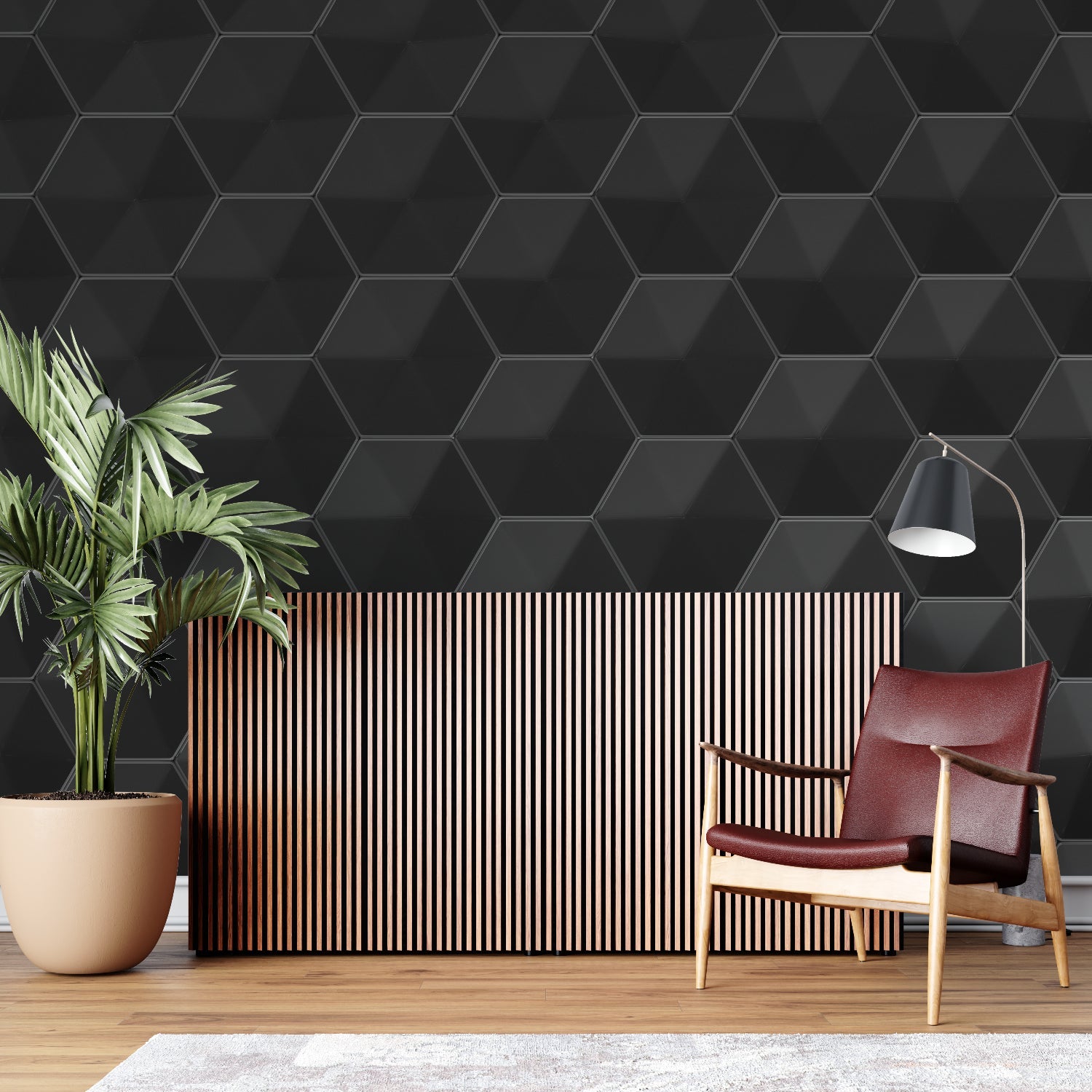 Black geometric wallpaper in modern living room showing 3D hexagon pattern casting subtle shadows on feature wall