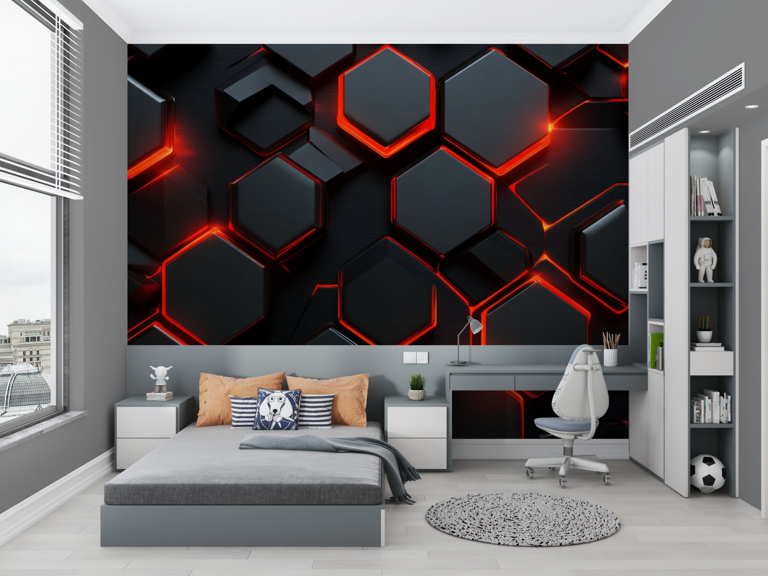Home theater with modern geometric wallpaper showing black hexagons with red glow