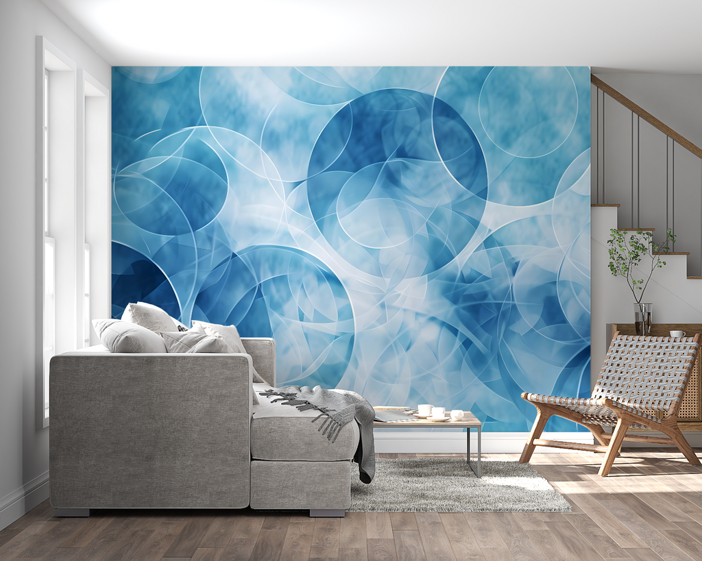 Geometric circle pattern mural displayed in a stylish bedroom setting