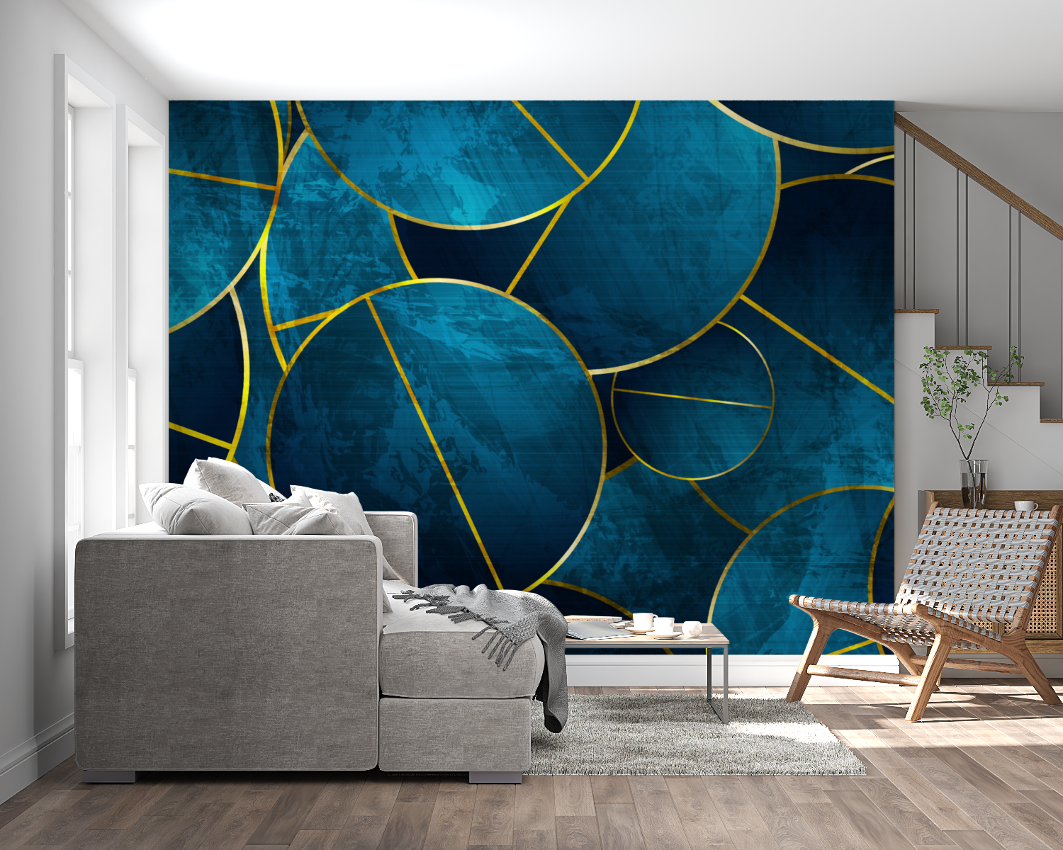 Blue and gold geometric wallpaper creating a sophisticated atmosphere in a modern living room