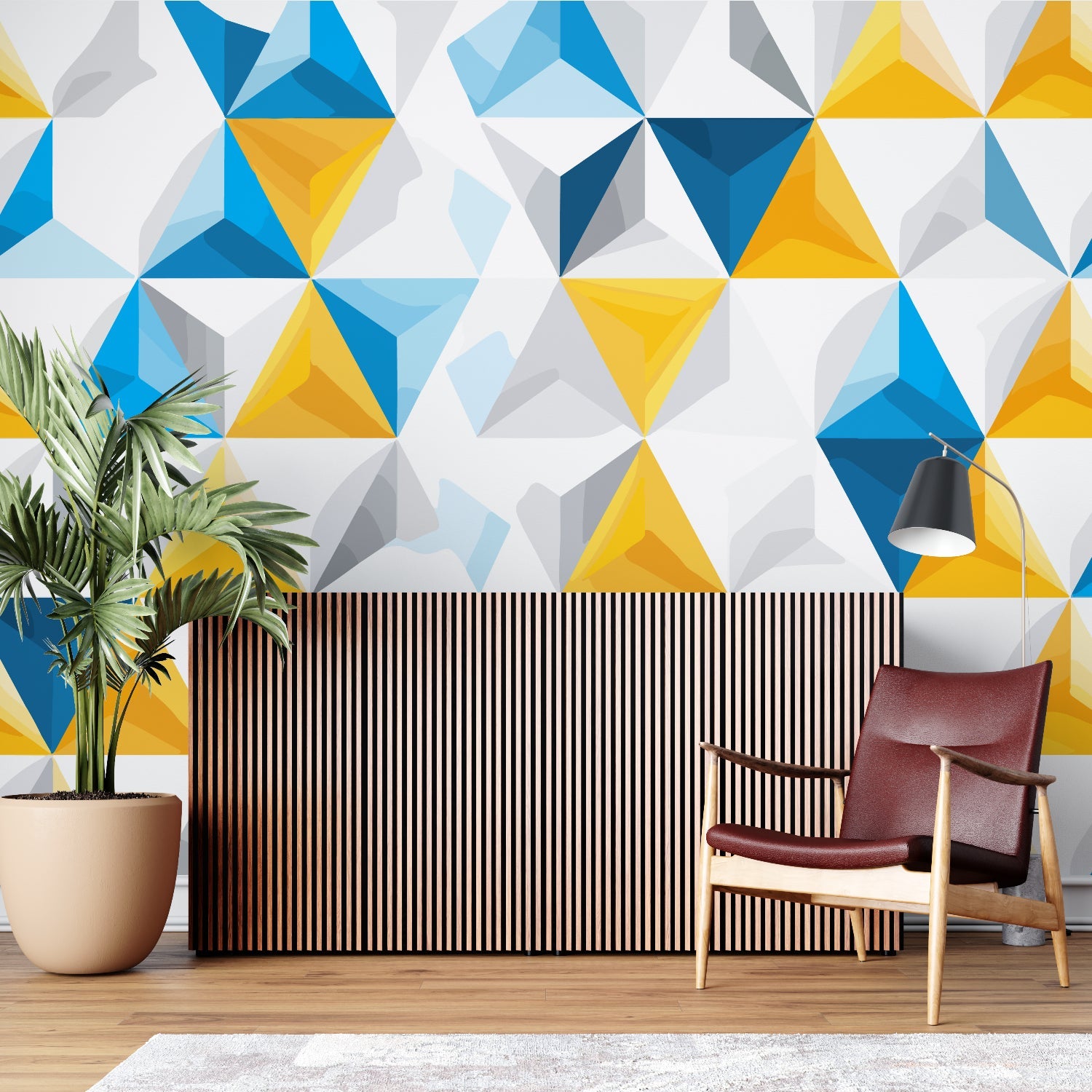 Modern triangle pattern creating depth in a minimalist bedroom setting