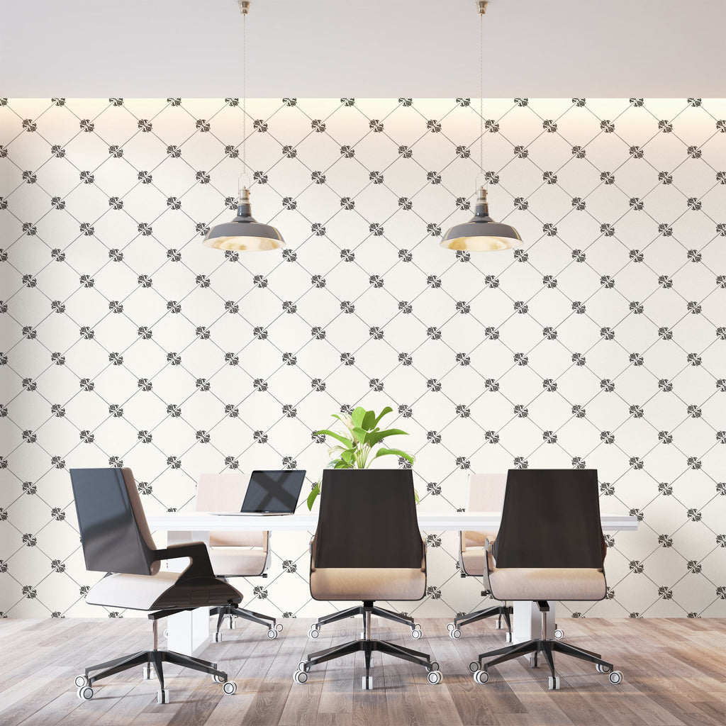 Geometric diamond wallpaper in modern living room showing black and white pattern creating depth