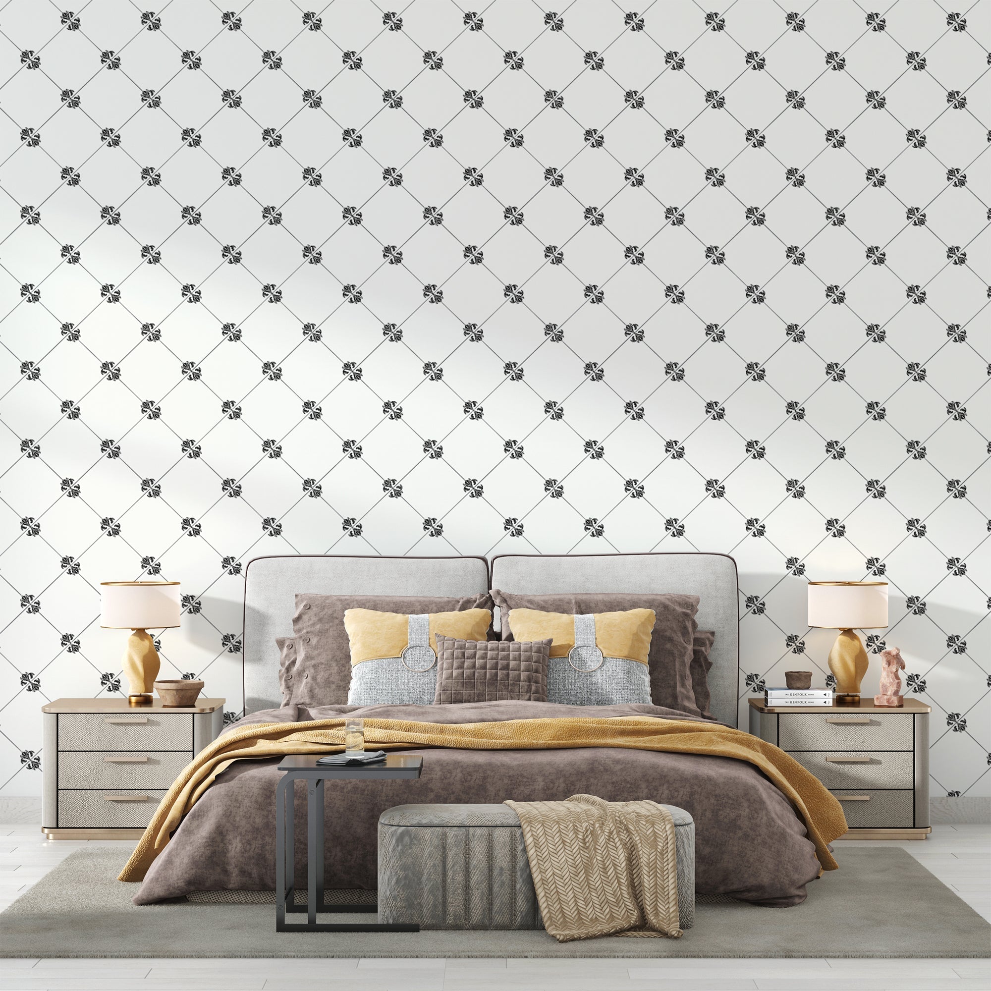 Black and white geometric wallpaper in dining room with elegant furniture setup
