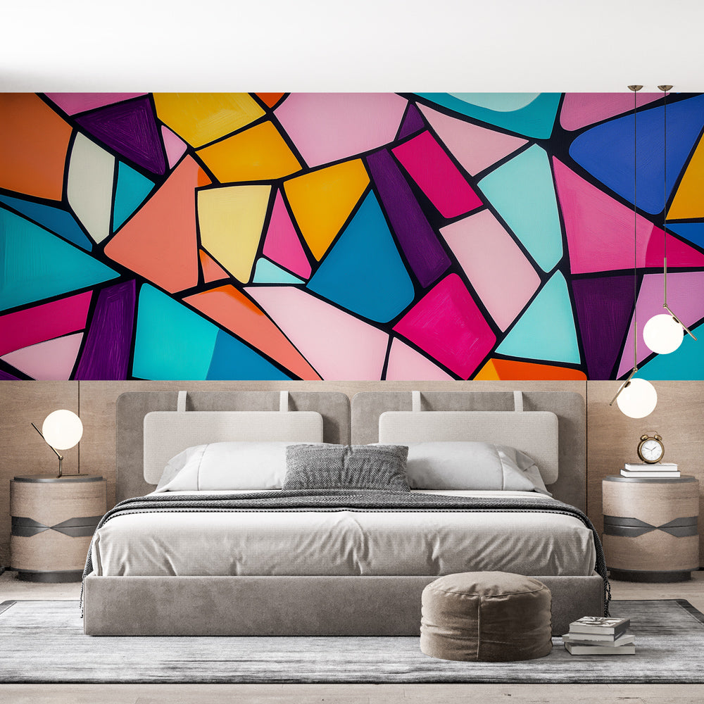 Modern geometric wallpaper creating a bold statement in a bright living room with minimalist furniture