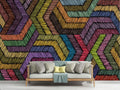 Modern living room featuring vibrant Geometric Rainbow Chevron wallpaper creating an energetic accent wall