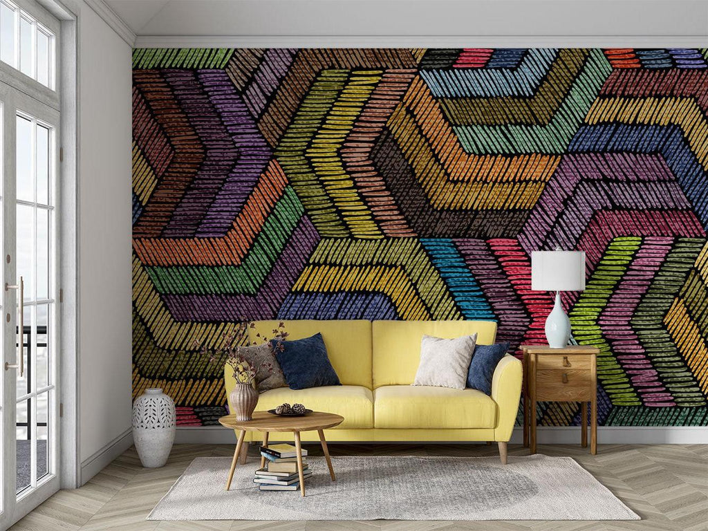 Contemporary dining room with Chevron Pattern wallpaper making a bold statement
