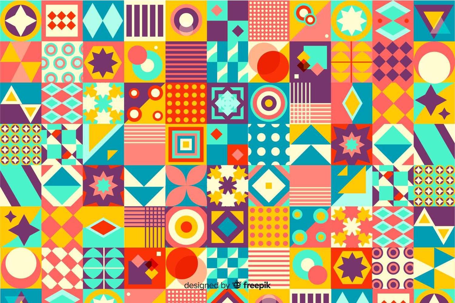 Colorful retro geometric mosaic pattern design file showing intricate details and true colors