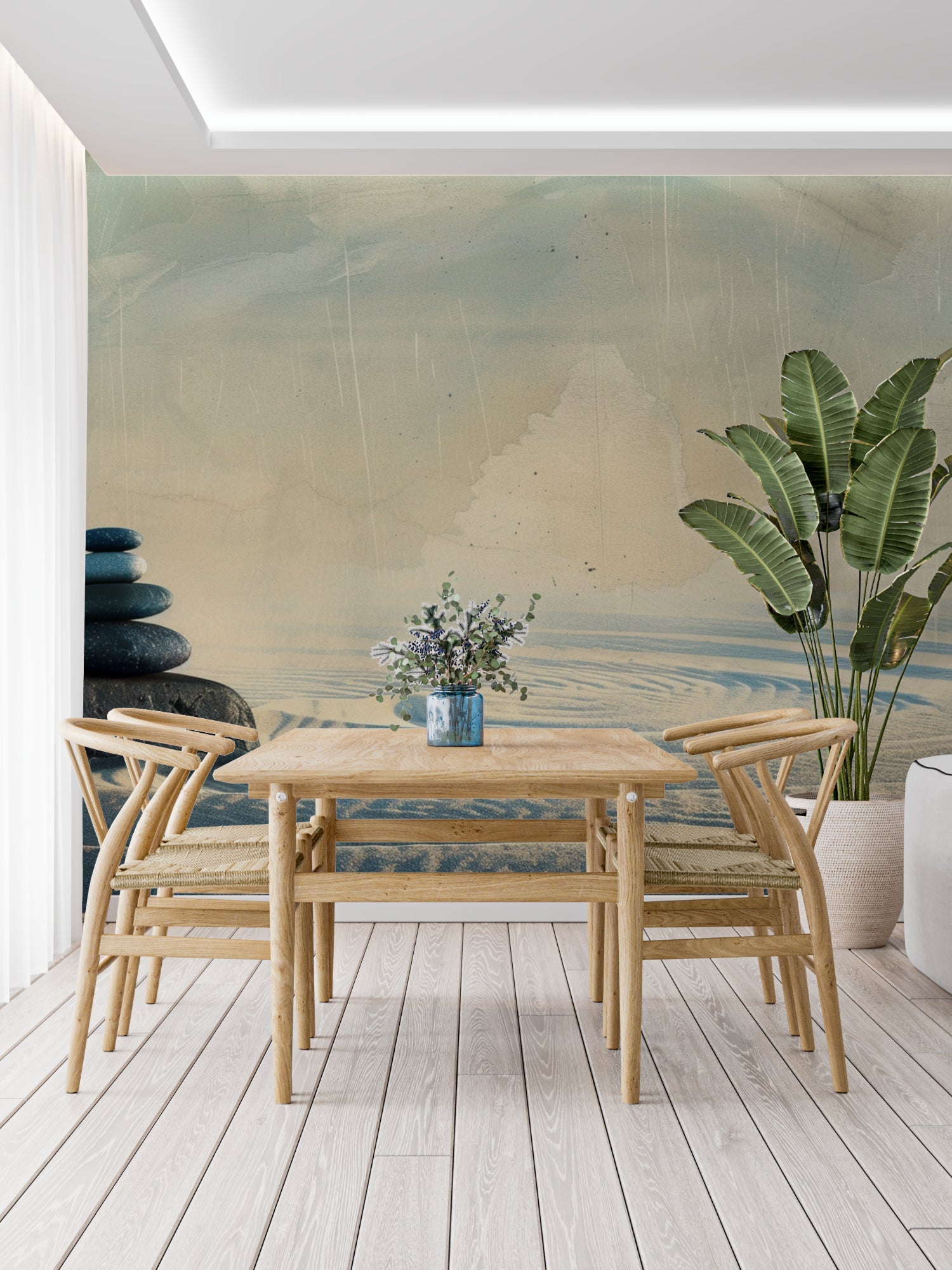 Geometric triangle wallpaper bringing life to a minimalist living room with natural light