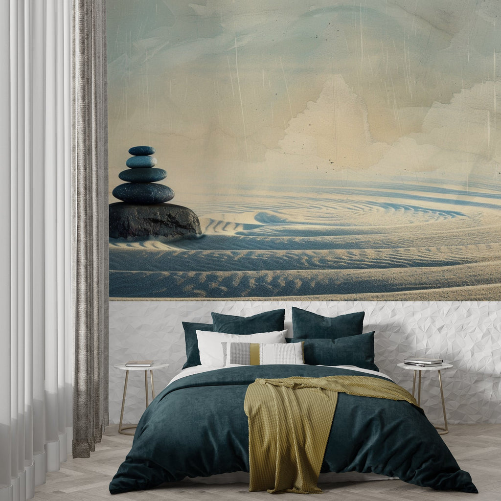 Scandinavian bedroom showcasing geometric triangle wallpaper in soft morning light