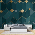 Green and gold geometric wallpaper creating depth in a modern living room with natural lighting