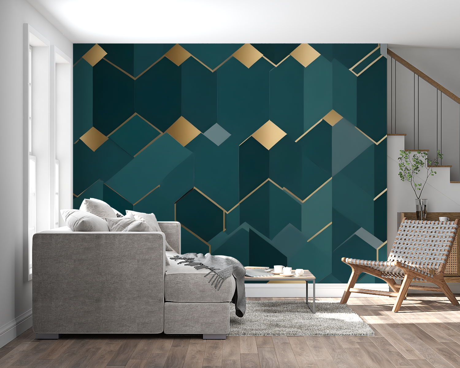 Art deco pattern wallpaper showcased in a sophisticated home office