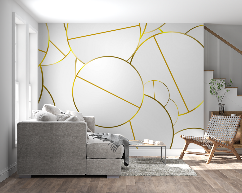 Line art wall mural displayed in minimalist dining room with golden accents