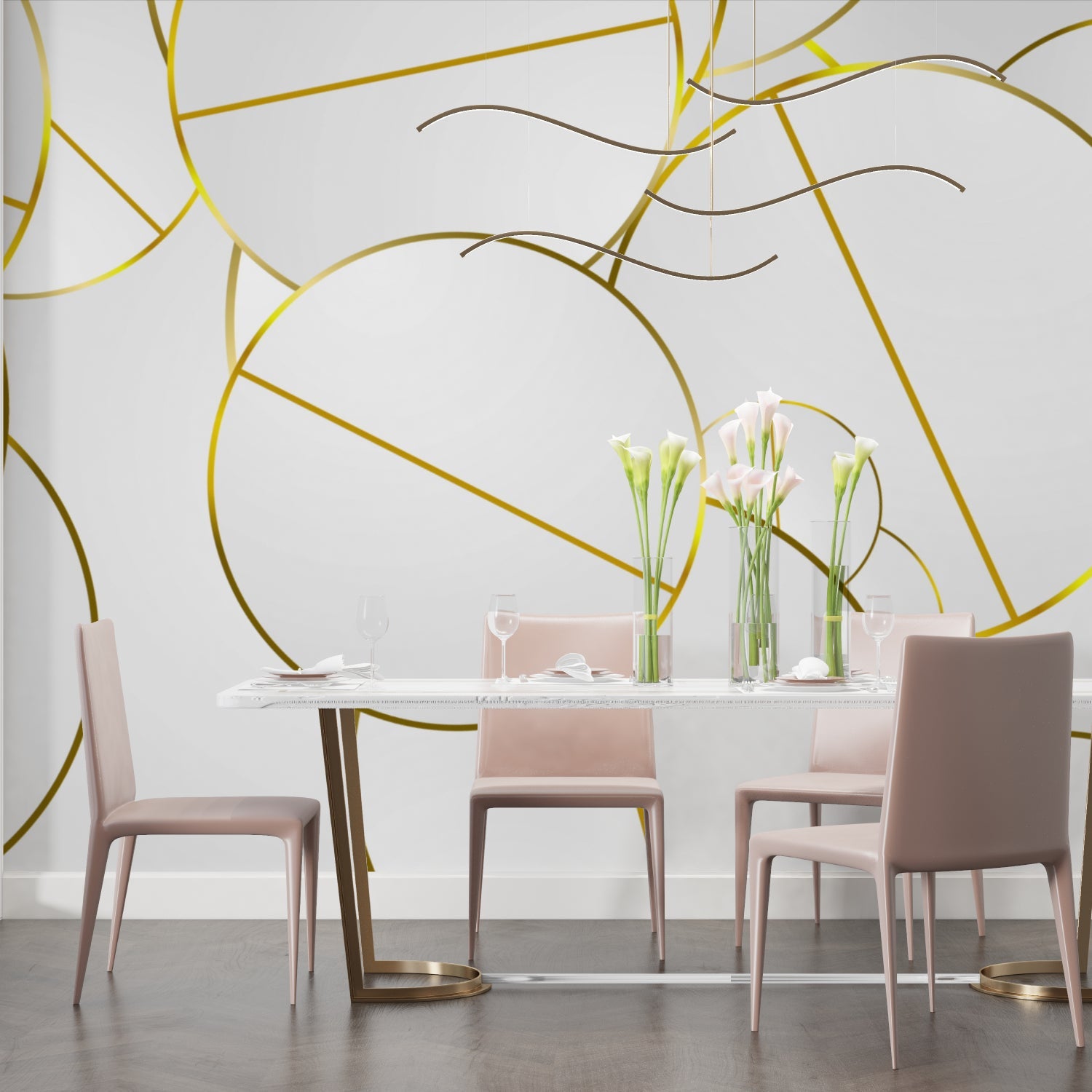 Gold circle pattern wallpaper in home office creating clean, professional backdrop