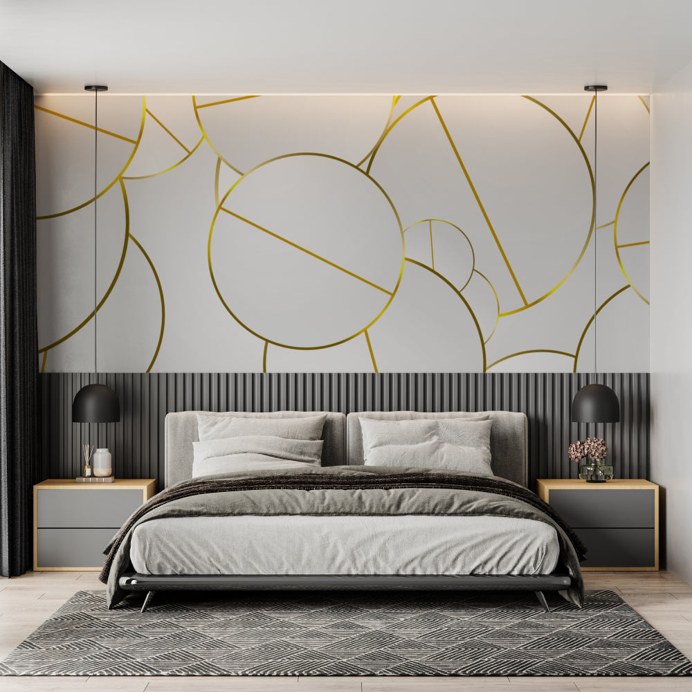 Geometric gold wallpaper featured in master bedroom adding elegant touch