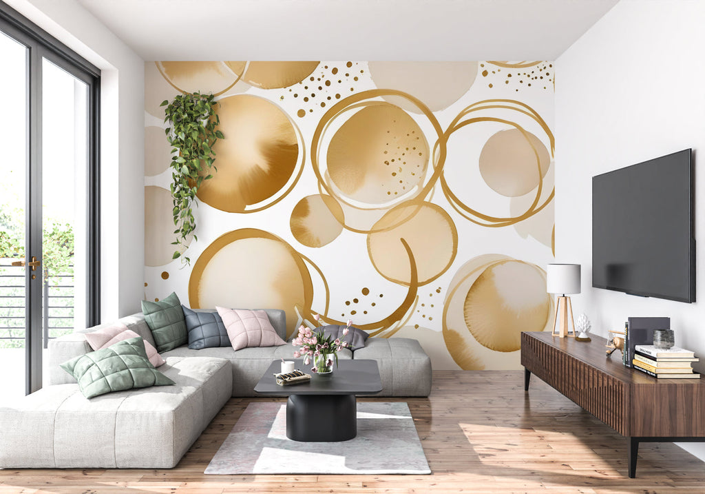 Gold circular geometric wallpaper in modern living room creating an elegant atmosphere