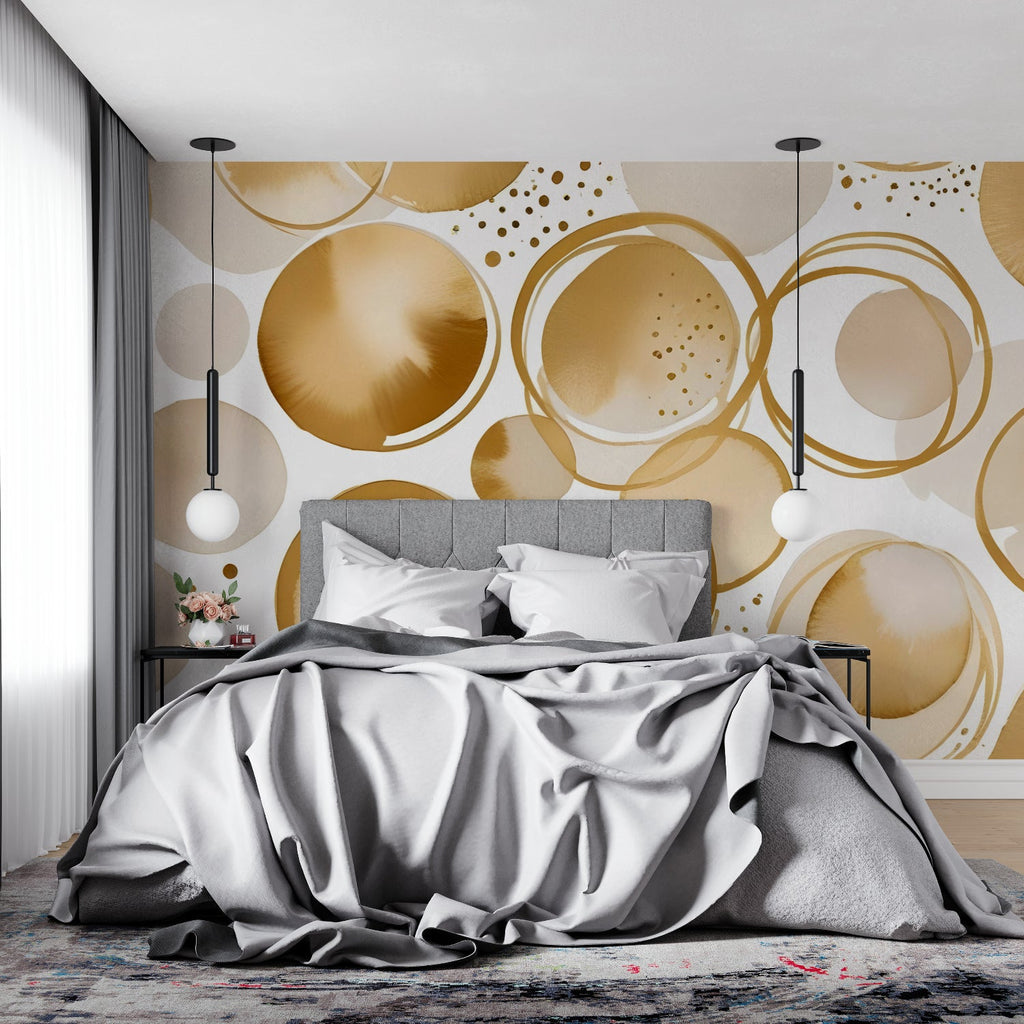 Abstract gold circle wallpaper featured in bright dining room setting