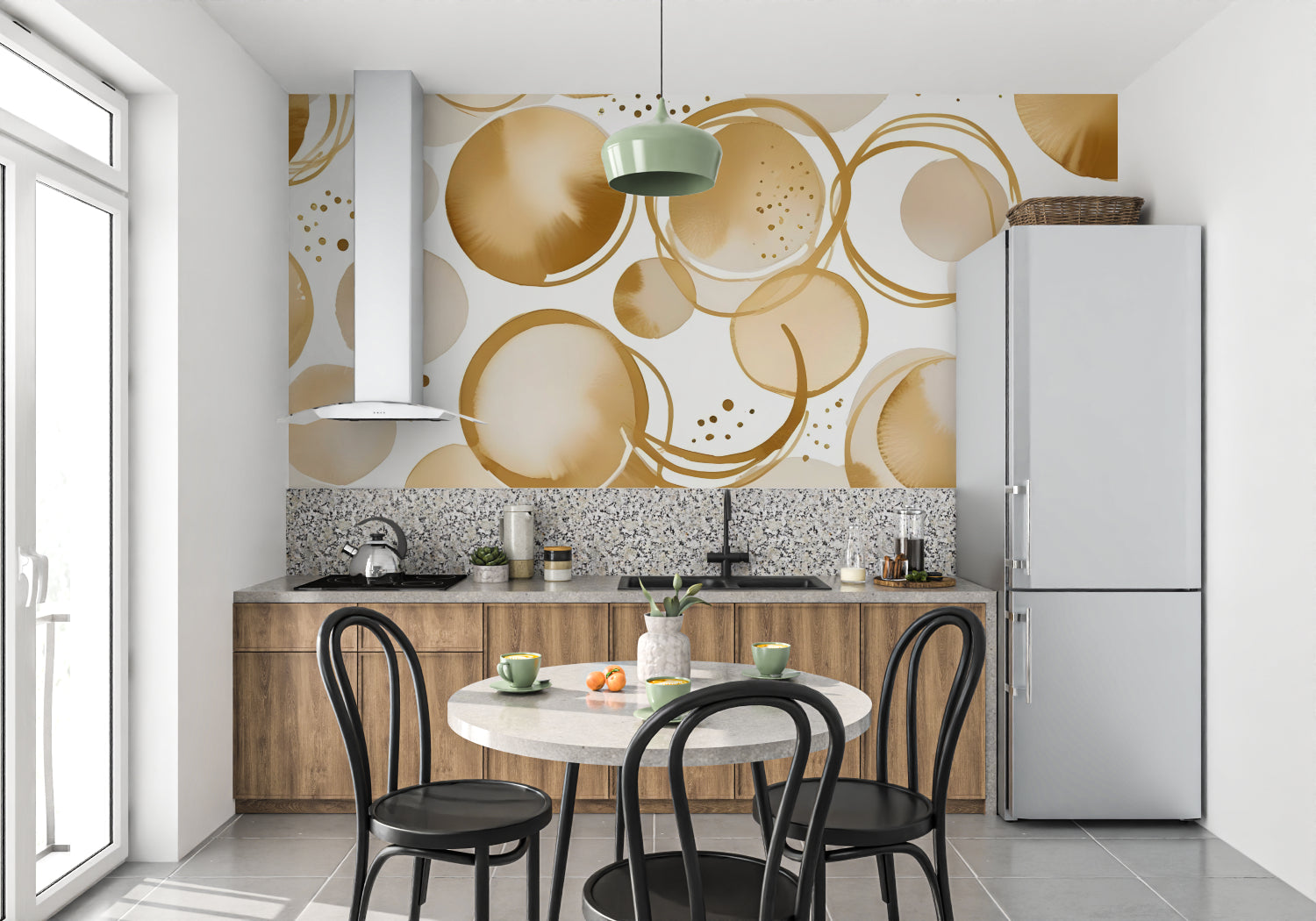 Geometric gold pattern mural wallpaper in master bedroom showing light reflection