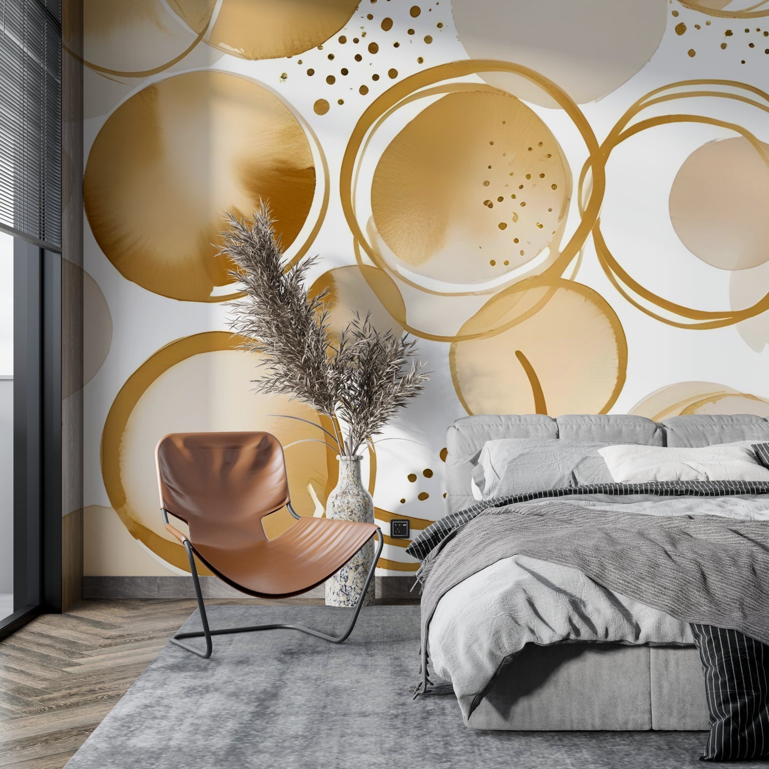 Gold abstract wall mural bringing warmth to minimalist hallway design