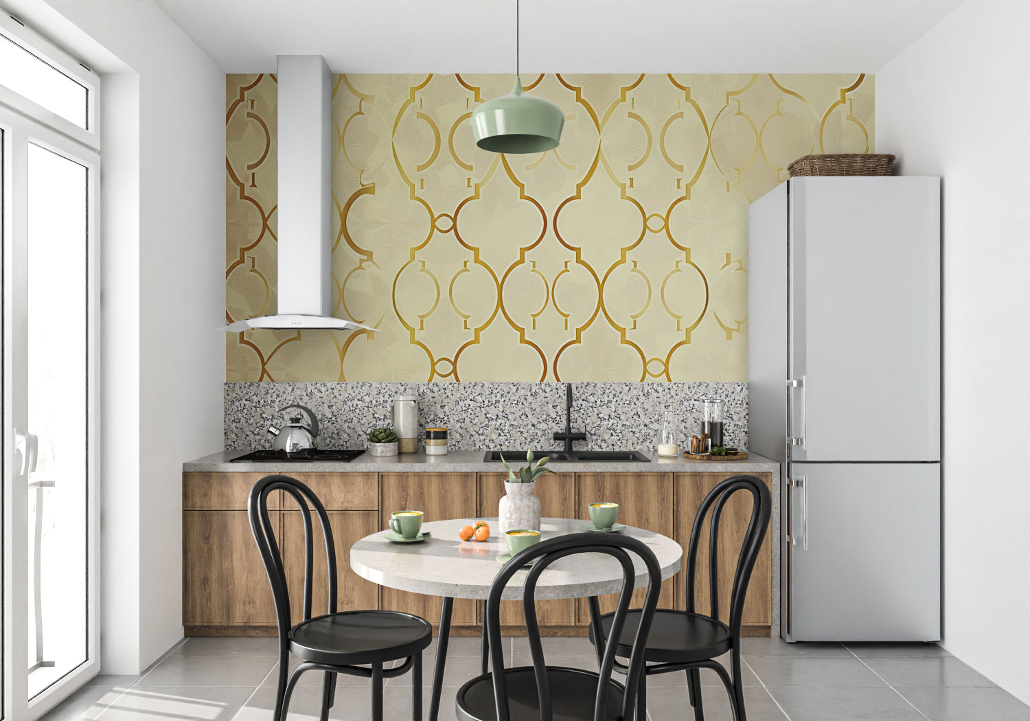 Gold geometric wallpaper pattern in dining room showcasing warm metallic accents during daylight