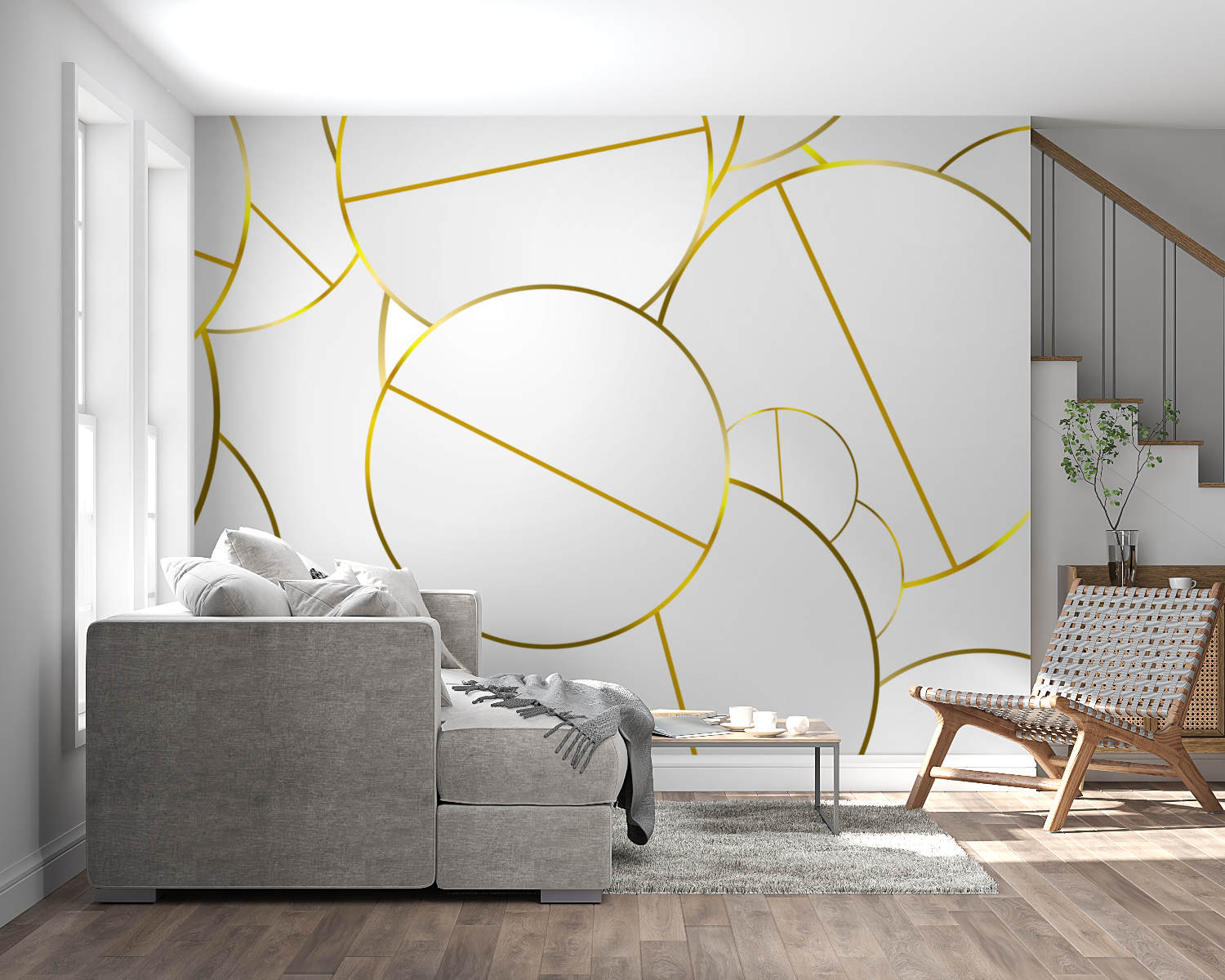 White and gold circle wallpaper in dining room with elegant lighting