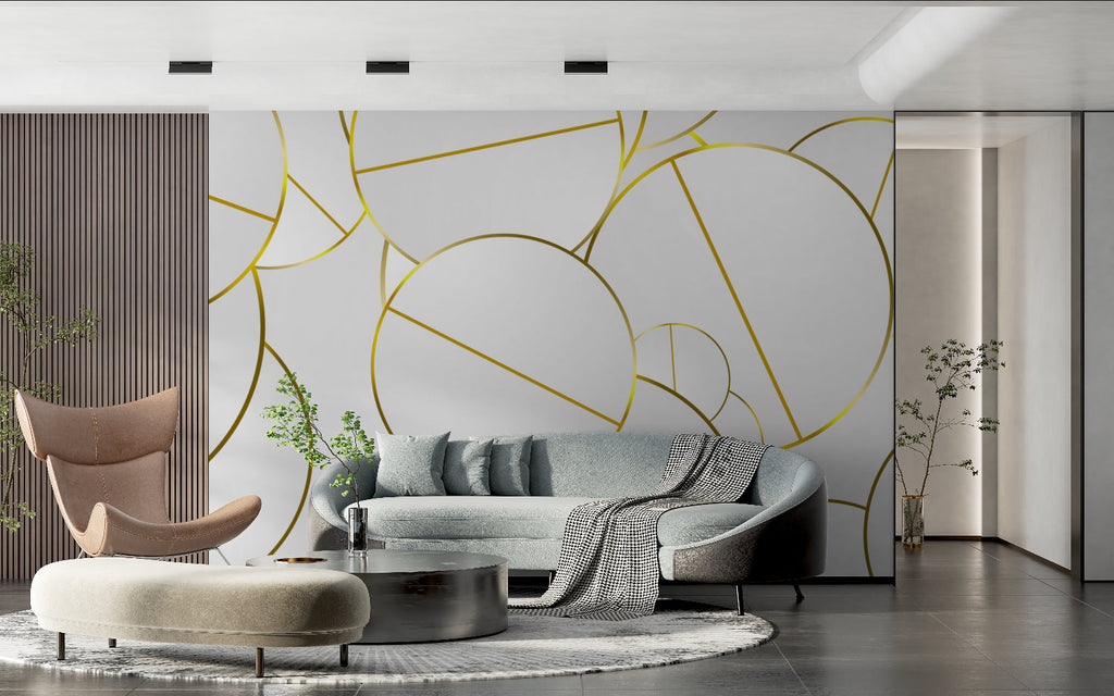 Geometric gold wallpaper in hallway showcasing light reflection