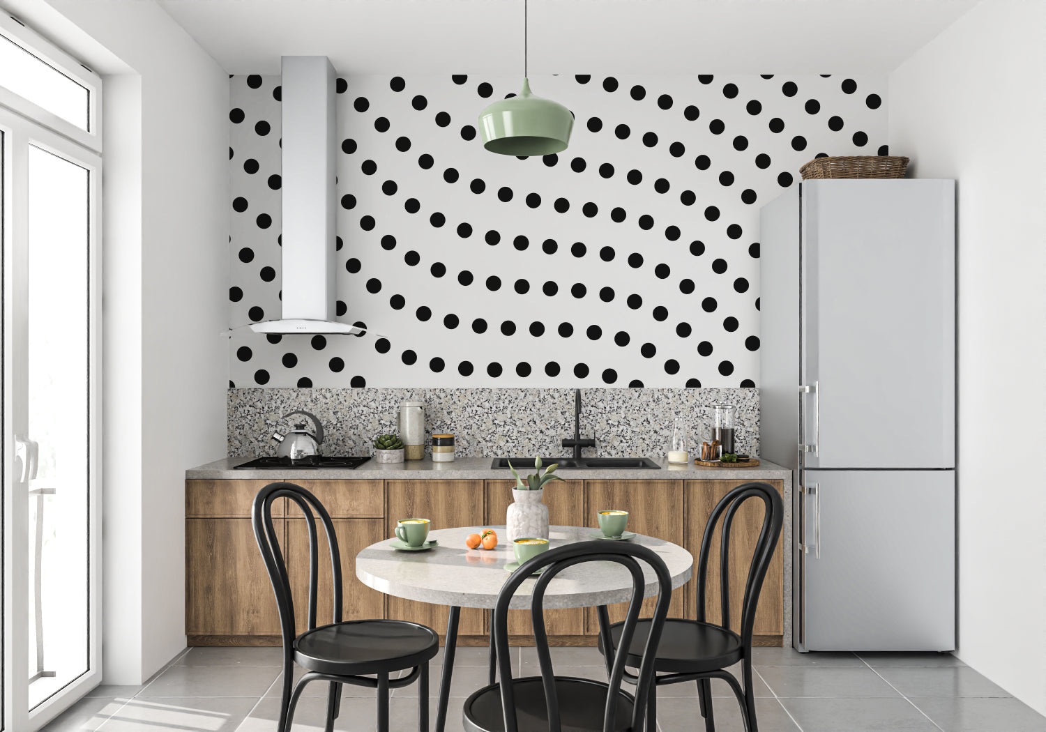 Metallic polka dot wallpaper bringing luxury feel to home office space