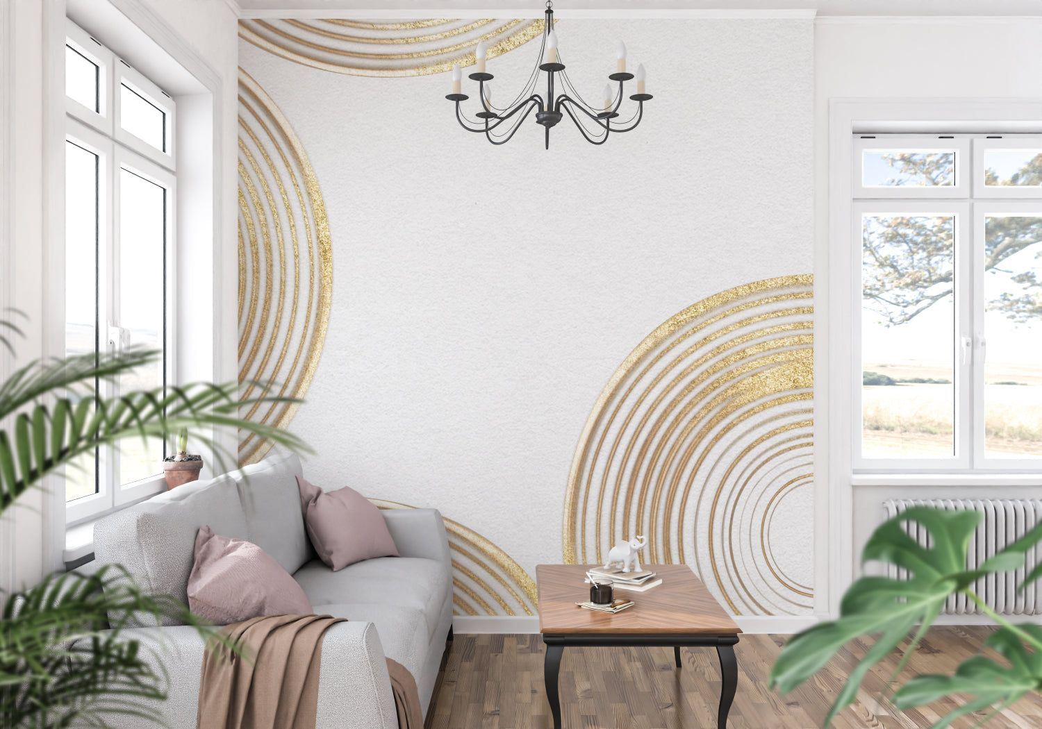 Home office with modern geometric circle wallpaper in white and gold tones
