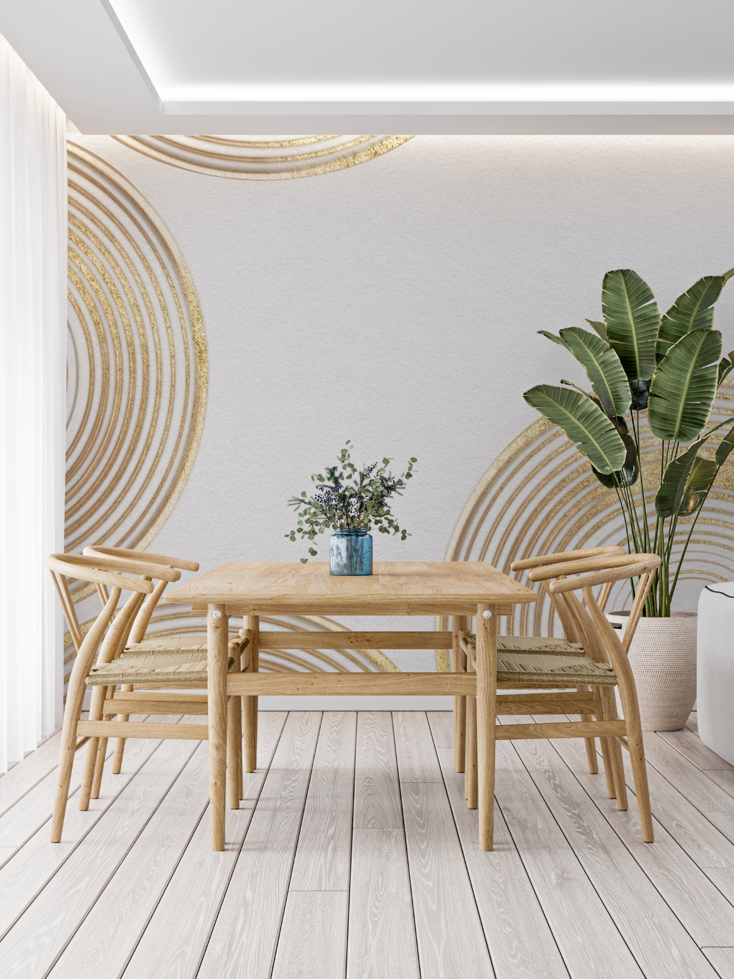 Entrance hall transformed with white and gold geometric circle wallpaper