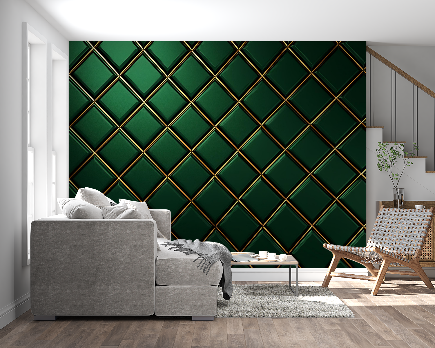 Geometric green and gold diamond wallpaper in modern living room with grey sofa and brass accents