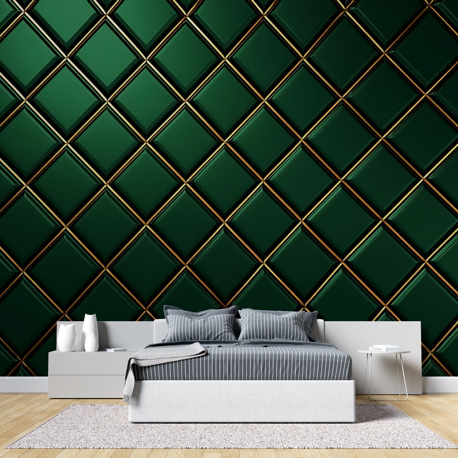 Art deco geometric wallpaper creating stunning feature wall in master bedroom