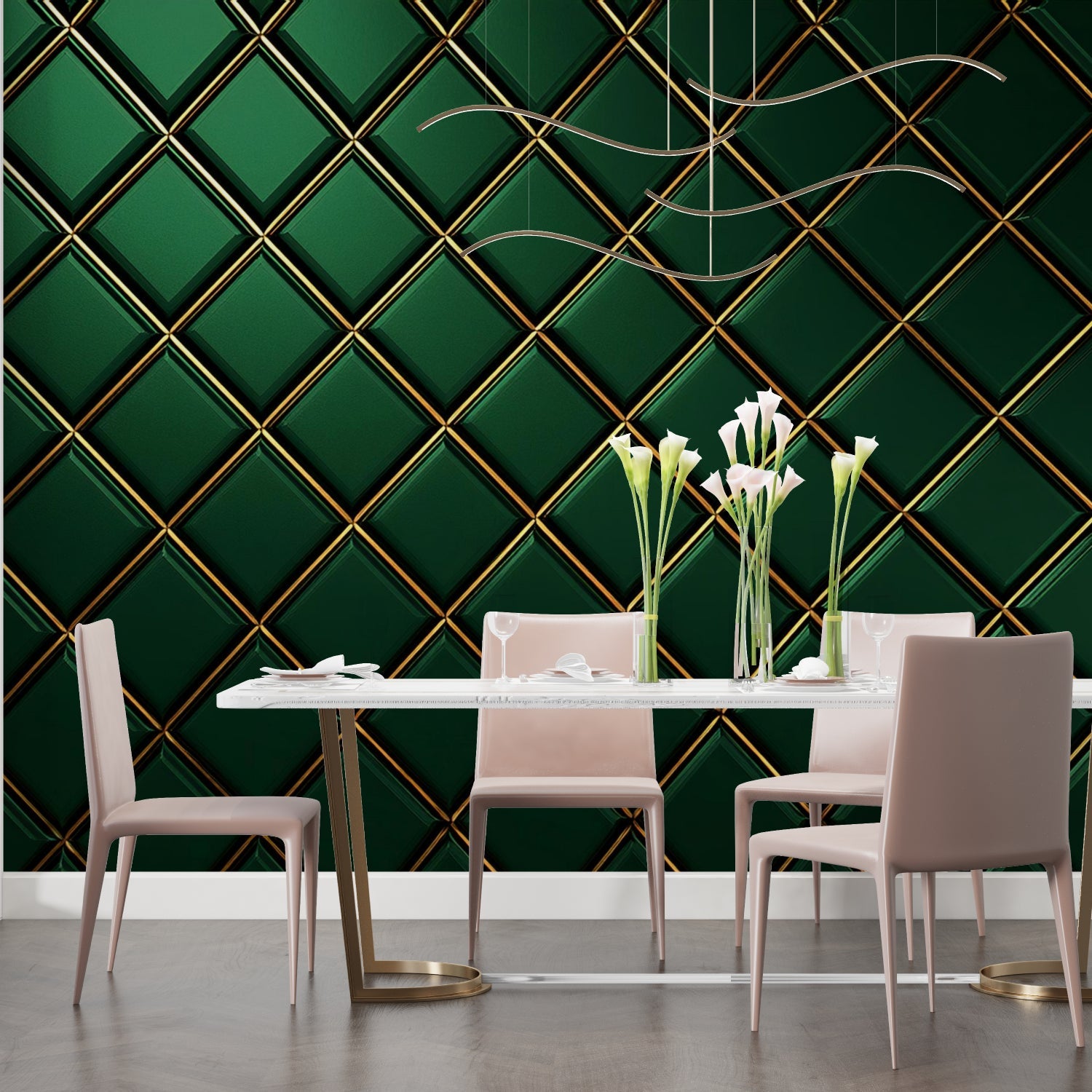 Green and gold geometric wall mural in dining room with modern chandelier