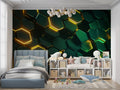 Modern geometric wallpaper with green and gold hexagons in a minimalist living room setting