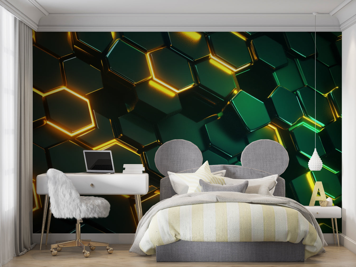3D hexagon wallpaper creating depth in a contemporary home office space