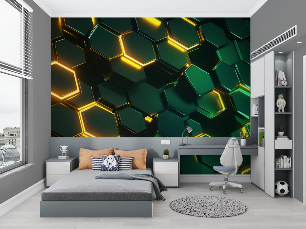 Modern geometric wall mural brightening up a master bedroom