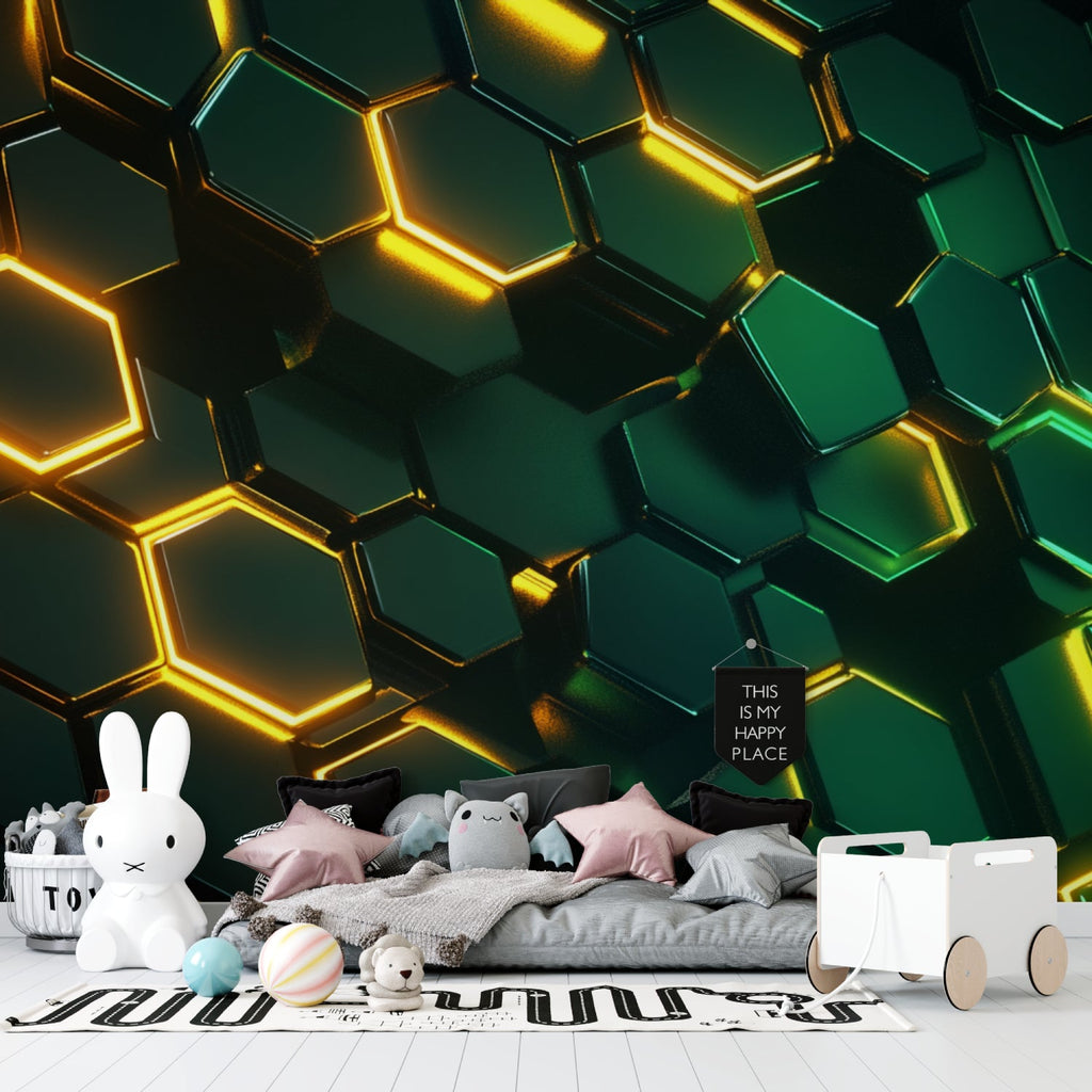 Luxury hexagon pattern wallpaper featured in a modern hallway