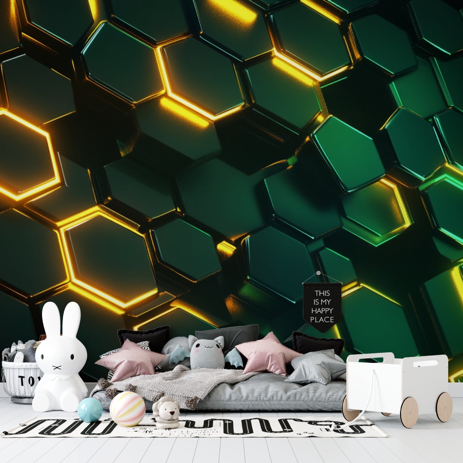 Luxury hexagon pattern wallpaper featured in a modern hallway