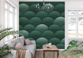 Green geometric Art Deco wallpaper in modern living room creating depth and sophistication