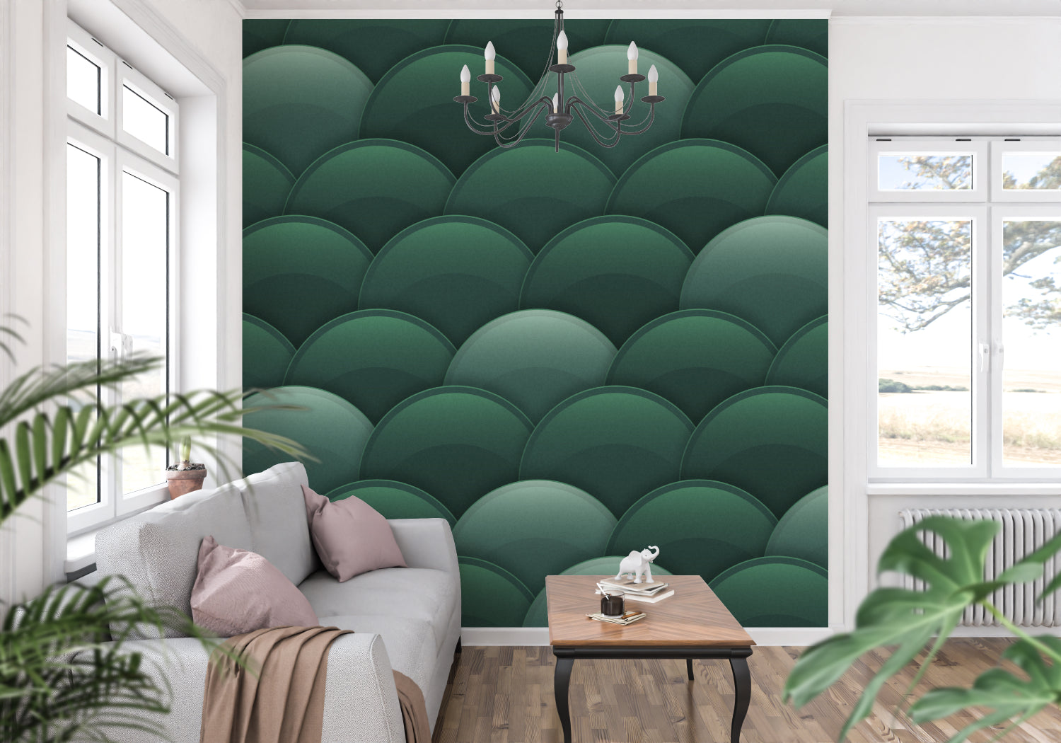 Green geometric Art Deco wallpaper in modern living room creating depth and sophistication