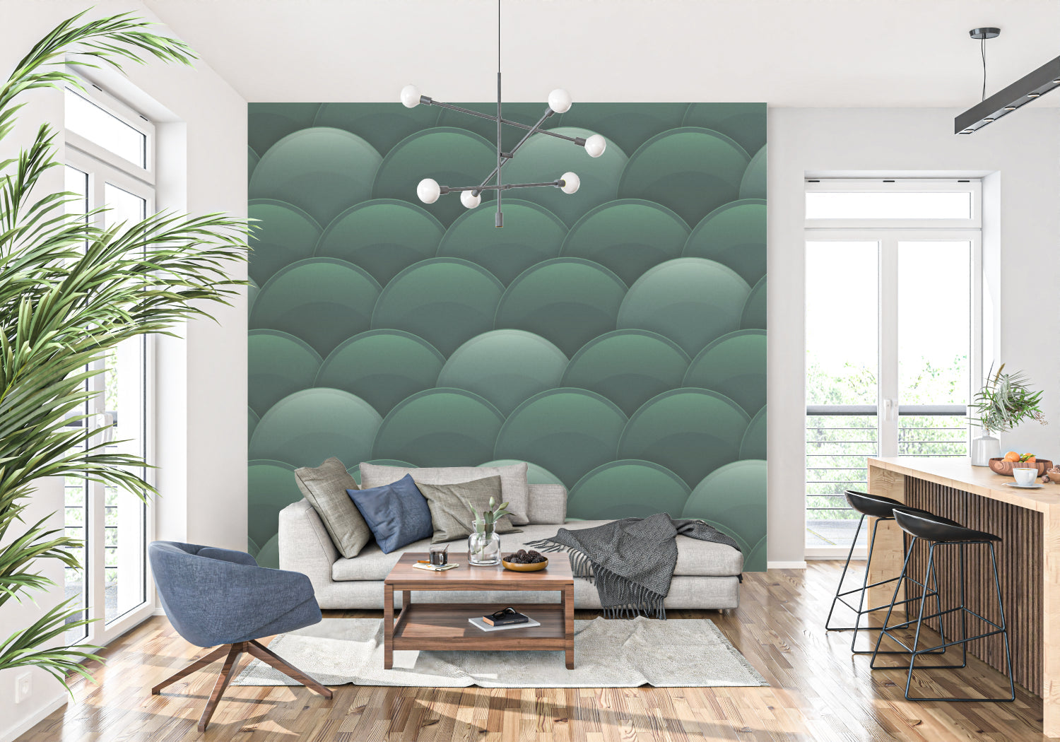 Art deco green scale pattern creating depth in a minimalist dining room