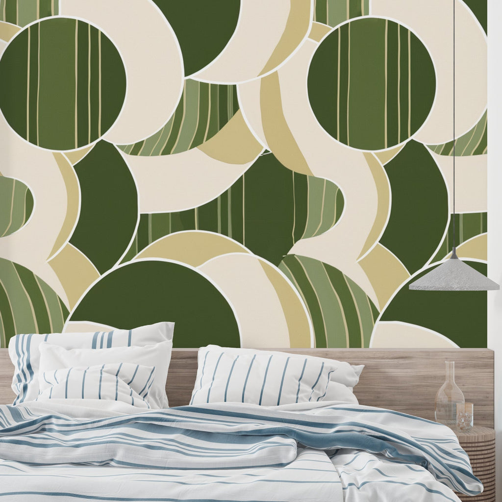 Modern geometric wallpaper in sage green creating calm atmosphere in studio space