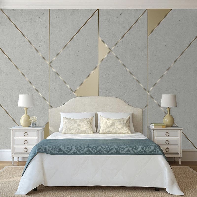 Grey and gold geometric wallpaper in dining room with modern furniture