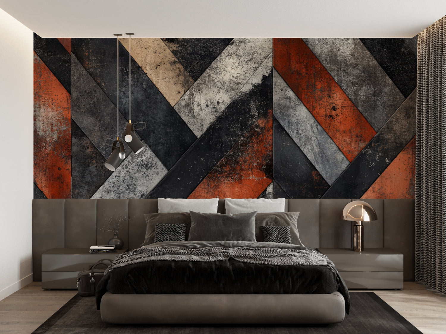 Industrial geometric wallpaper featured in contemporary home office