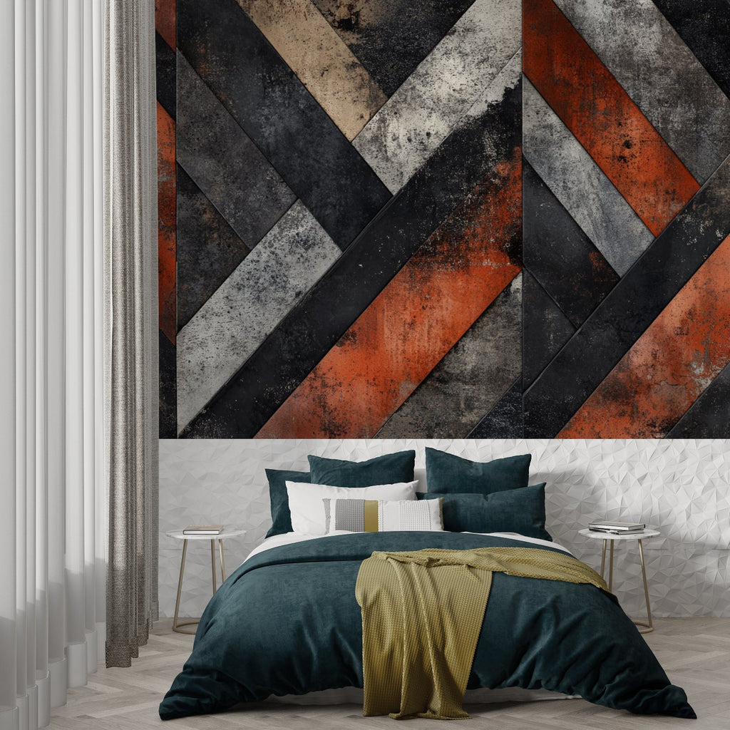 Modern geometric pattern wallpaper in dining room with natural lighting