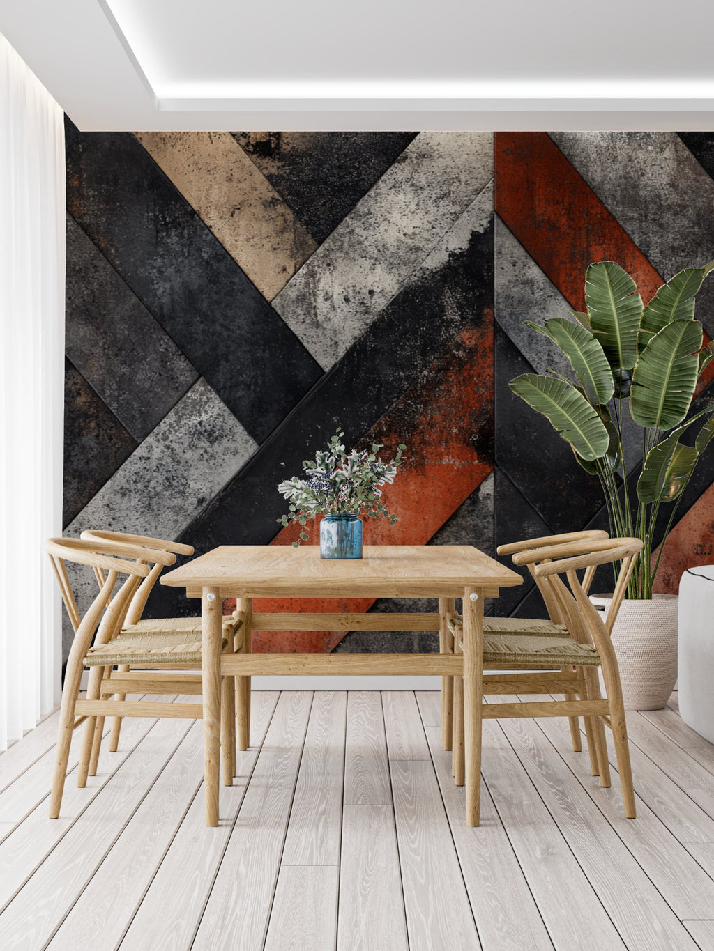Abstract geometric wallpaper showcased in minimalist bedroom